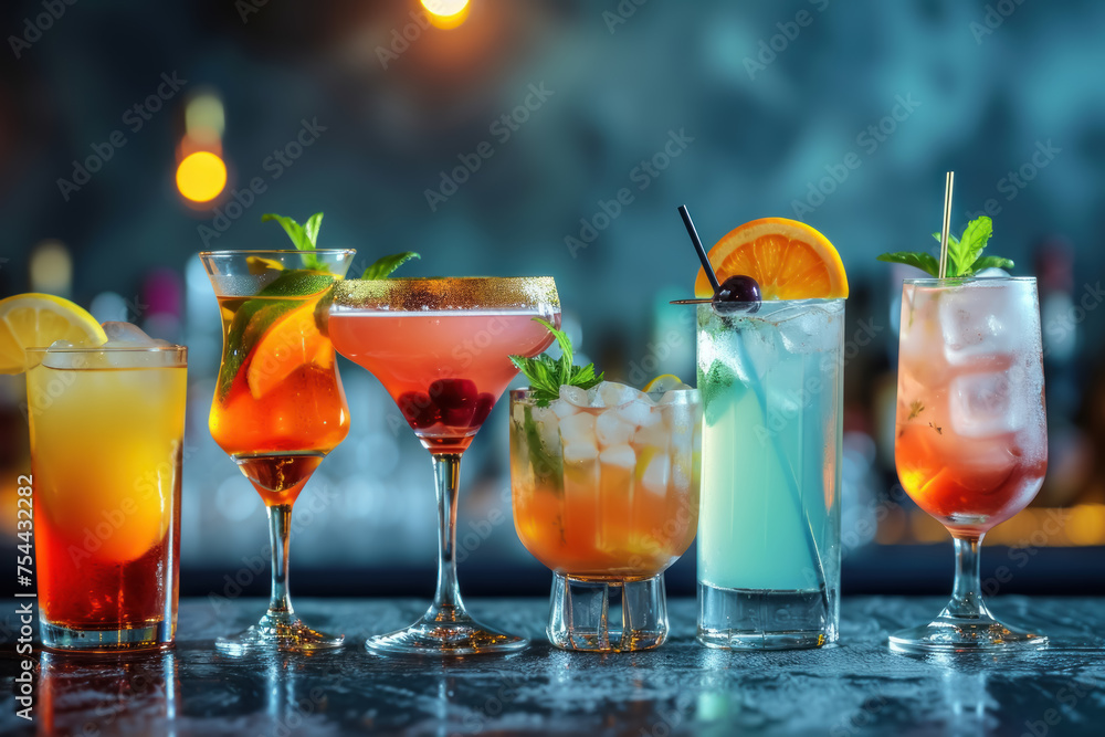Vibrant collection of various cocktails adorned with fruits, berries, and mint leaves, presented on a bar with a bokeh light background