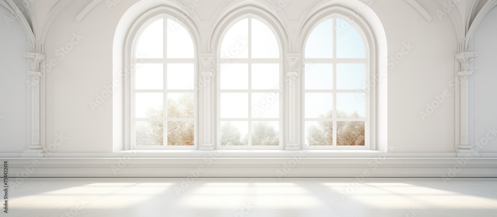 Fototapeta premium An empty room with white walls and a high ceiling. The focal point is a large arched window, allowing natural light to flood the space. The room is devoid of any furniture or objects.