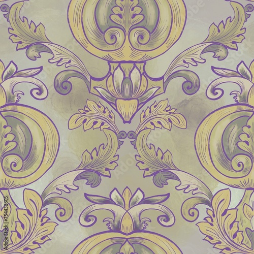 Seamless pattern in baroque style with stylized tomatoes and accanthus leaves on a yellow-gray pastel background. Suitable for interior  wallpaper  fabrics  clothing  stationery.