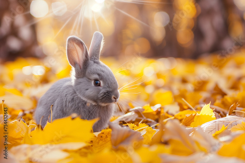 a gey rabbit in yellow lwaves.AI generated photo