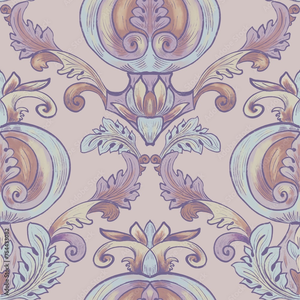 Seamless pattern in baroque style with stylized tomatoes and accanthus leaves on a light beige pastel background. Suitable for interior, wallpaper, fabrics, clothing, stationery.