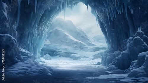 Winter landscape featuring a frozen ice cave in nature 