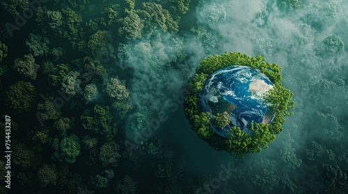 A top-down view of the Earth  with green trees surrounding it  symbolizing growth and environmental protection.
