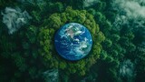 A top-down view of the Earth, with green trees surrounding it, symbolizing growth and environmental protection.