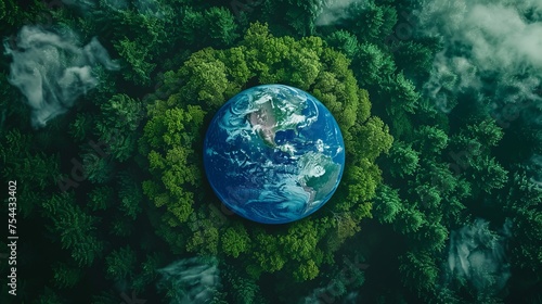 A top-down view of the Earth  with green trees surrounding it  symbolizing growth and environmental protection.