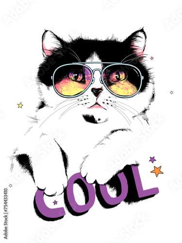 Beautiful spotty cat in sunglasses. Illustration with a  cat and stars. Cool illustration. Stylish image for printing on any surface © Вера Михеева