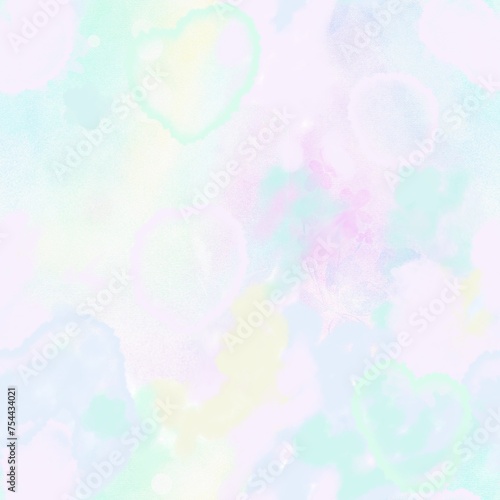 Batik watercolor seamless pattern. Pastel color iridescent background. Colorful clouds, blur smoke, light hearts. Pale wash vintage layout with paper texture for scarf, tie, textile, scrapbook, prints