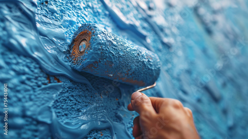 A man painting the wall of her house with a roller brush. Man changing the wall color of his house to blue home interior,generative ai