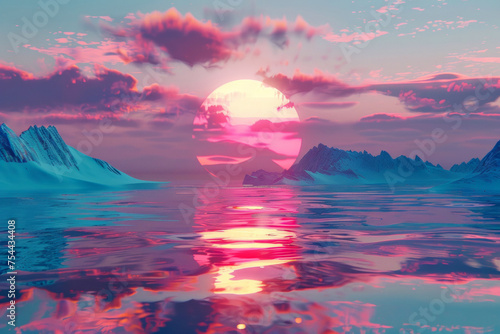 Surreal Sunset Over Icy Landscape: A Mesmerizing Display of Colors and Reflections