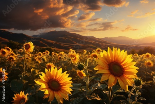 Sunflowers bloom in a vast field under the towering presence of a mountain