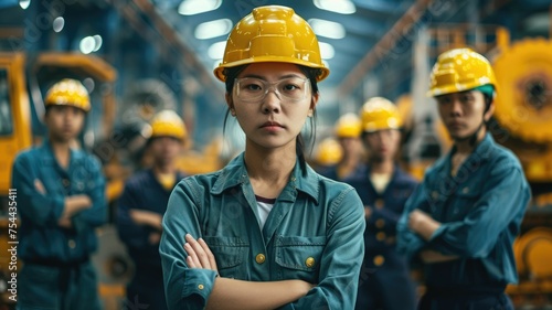 group portrait of construction workers with background of excavation machinery aigx04