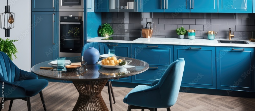 A cozy modern kitchen featuring blue cabinets, a wooden table, and blue chairs. Sink and induction hob with a pot on top, breakfast setting with cookies, glass table lamp.
