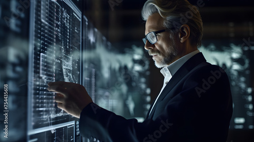 A businessman is examining the financial balance sheet of a company while engaging with digital virtual graphics