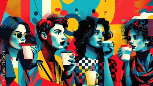 A quartet of stylish ladies depicted in a lively pop art aesthetic, savoring a relaxed day out.