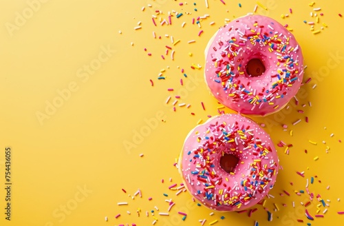 Colorful sweet donuts and candies on a white background with copy space for design. Close up pink donuts with colorful sprinkles on a yellow background in a flat lay top view copy space