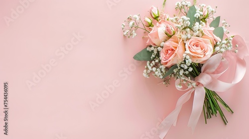 wedding or mothers day background, bouquet over plain pink background with copy space on blank cardgenerative ai, © curek