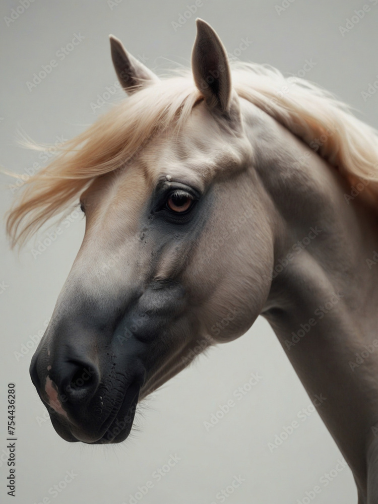A white horse with a black face and a light blonde mane. ai generative