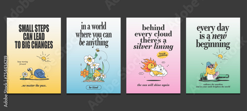 retro posters with cute cartoon mascot characters and positive quotes, vector illustration