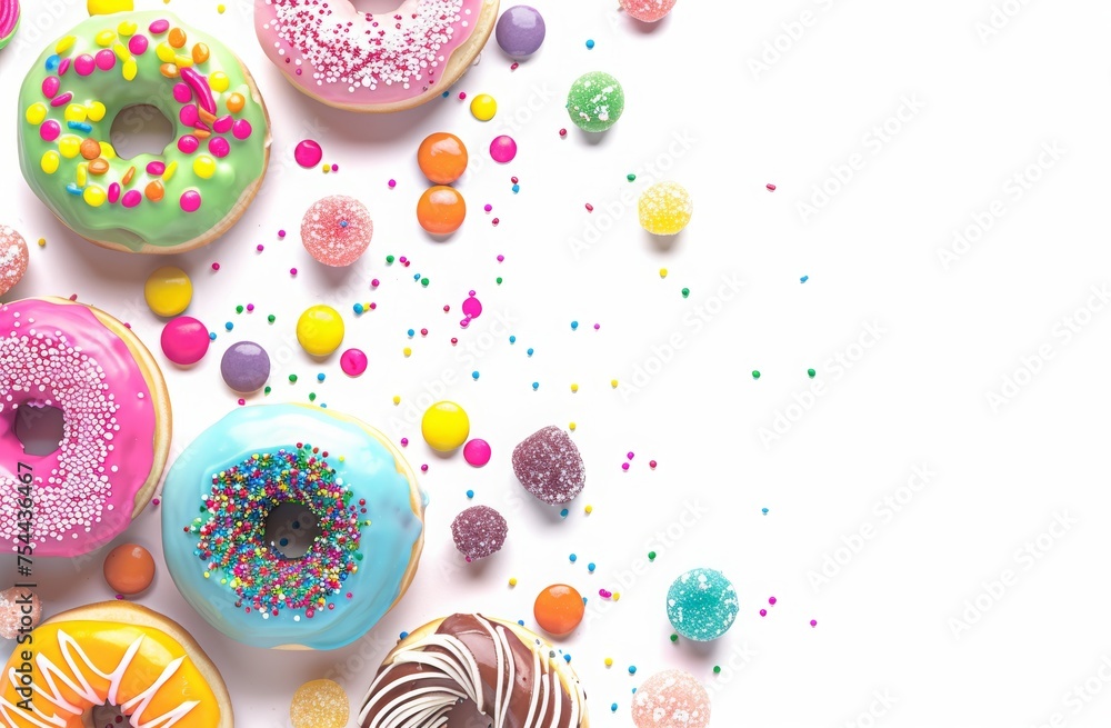 Colorful sweet donuts and candies on a white background with copy space for design. Close up pink donuts with colorful sprinkles on a yellow background in a flat lay top view copy space Colorful sweet donuts and candies on a white background with copy space for design. Close up pink donuts with colorful sprinkles on a yellow background in a flat lay top view copy space