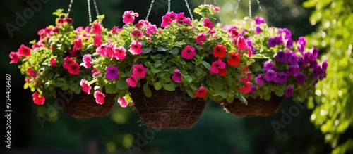 Several hanging baskets overflowing with vibrant pink and purple flowers are aesthetically arranged, showcasing a trendy decoration full of natural beauty and color.
