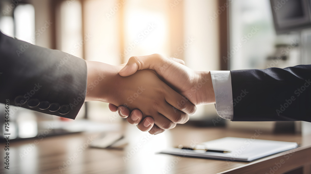 A firm handshake signifies the end of negotiations involving home insurance and an investment loan A firm handshake signifies the end of negotiations involving home insurance and an investment loan