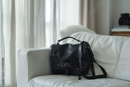 a black leather bag sits on a white sofa.AI generated
