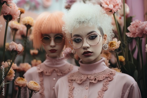 Vogue style portrait of two women with unique hairstyles and glasses surrounded by flowers