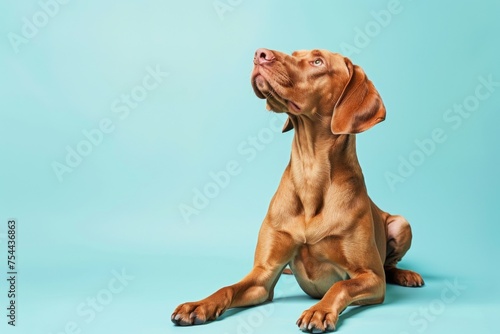An attentive Hungarian Vizsla sits gracefully against a blue backdrop  exuding elegance and curiosity.