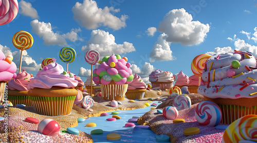 A 3D-rendered candy land with cupcakes and lollipops under a sunny sky.