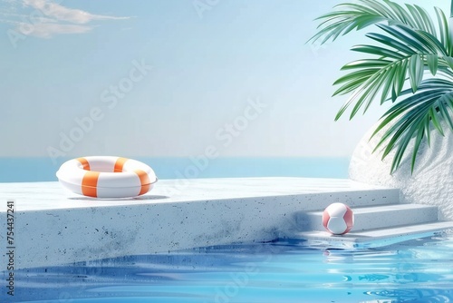 3d scene design for summer product display. Concrete stair podium with swimming ring and beach ball beside water. Concept of island beach or swimming pool. generative ai.