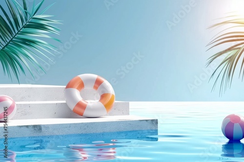 3d scene design for summer product display. Concrete stair podium with swimming ring and beach ball beside water. Concept of island beach or swimming pool. generative ai.