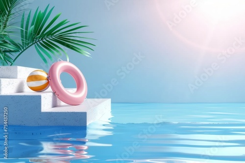3d scene design for summer product display. Concrete stair podium with swimming ring and beach ball beside water. Concept of island beach or swimming pool. generative ai. photo