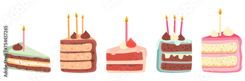 Set of birthday cake with candles. Cakes slices pieces with candles isolated on white. Set of cakes. Vector for postcards and stickers
