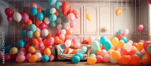 Numerous colorful balloons filling a room, floating in the air and creating a lively atmosphere. photo