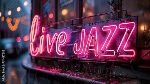 Nightclub neon live jazz sign in the city center.