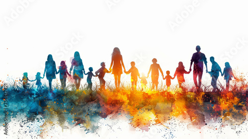 illustration of Colorful upper body silhouettes of people from many generations as a population concept,generative ai