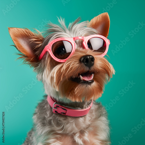 Cute and funny dog with hair and sunglasses on blue background