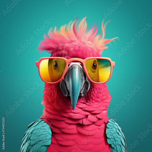 Cute parrot with pink hair and sunglasses on background