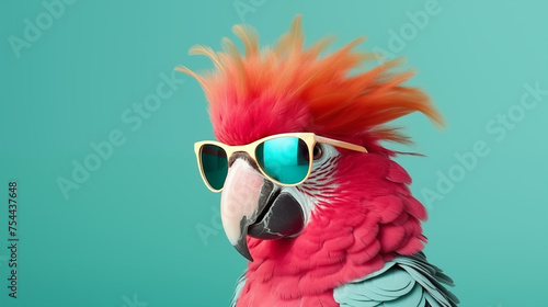 Parrot model stylish with pink hair and sunglasses on blue background