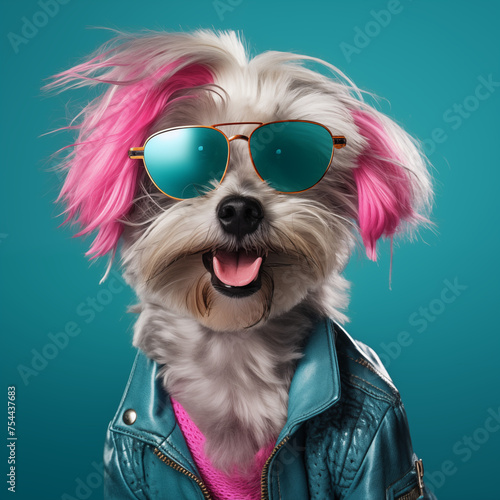 Model dog with pink hair and sunglasses on teal background © emotionpicture