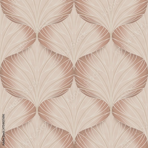 Seamless pattern in Art Deco style with leaves in beige shades. Suitable for interior, wallpaper, fabrics, clothing, stationery.
