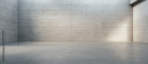 An empty room with smooth concrete walls and a solitary window. The room is devoid of any furniture or decoration, with a minimalist design. Light enters through the window,