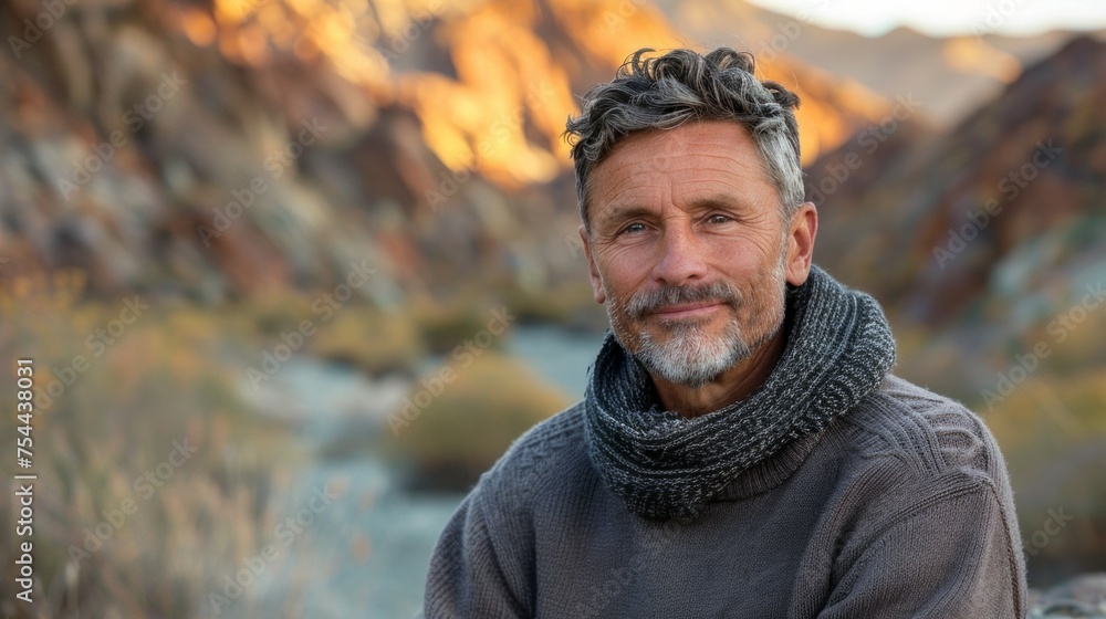 Happy older bearded man standing in nature park enjoying landscape. Smiling active mature traveler looking away exploring camping tourism nature mountains view feeling freedom. Close up portrait Happy older bearded man standing in nature park enjoying landscape. Smiling active mature traveler looking away exploring camping tourism nature mountains view feeling freedom. Close up portrait