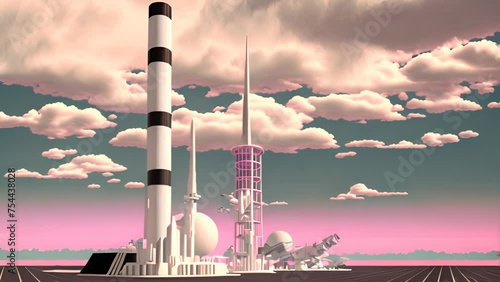 Retrofuturistic landscape in 80s sci-fi style. Retro science fiction scene with futuristic buildings photo