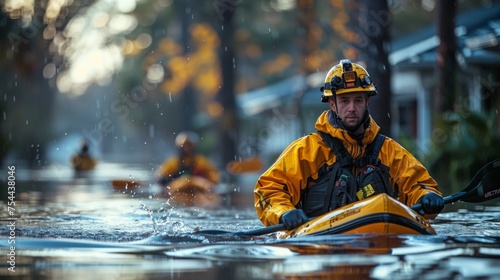 Emergency responder kayaking in flooded streets.