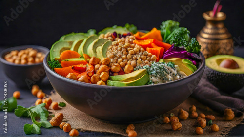 Vibrant bowl filled with colorful assortment of roasted vegetables, quinoa, avocado slices, chickpeas, promotional food ad photography