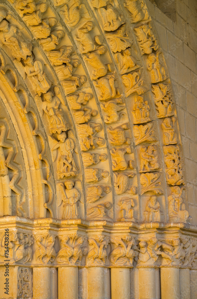 Obraz premium Romanesque portico in the church of Our Lady of the Assumption in the town of Tuesta. Valdegovia Valley. Alava. Basque Country. Spain. Europe
