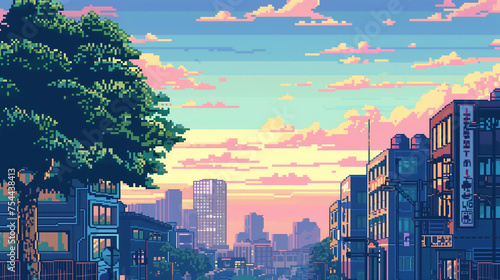 A pixel art cityscape at sunset with colorful skies and urban details.