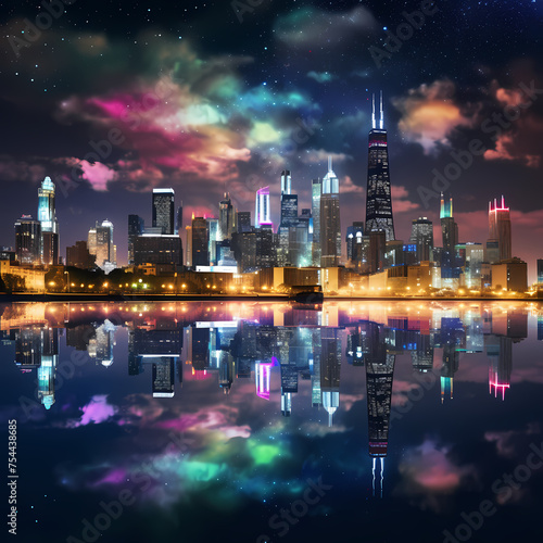 A city skyline at night with colorful lights.