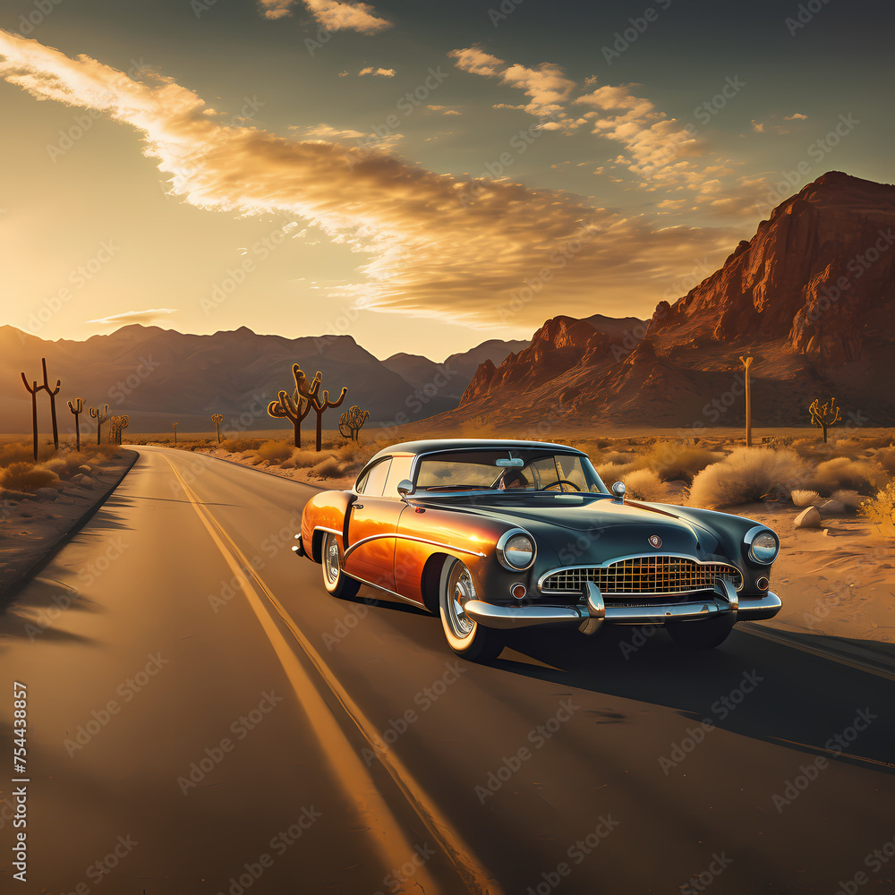 A classic car on an empty desert road.